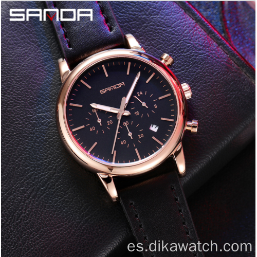 SANDA 1034 Reloj de lujo para hombre de negocios Reloj de cuero de cuarzo informal para hombre de tres ojos y seis pines a prueba de agua